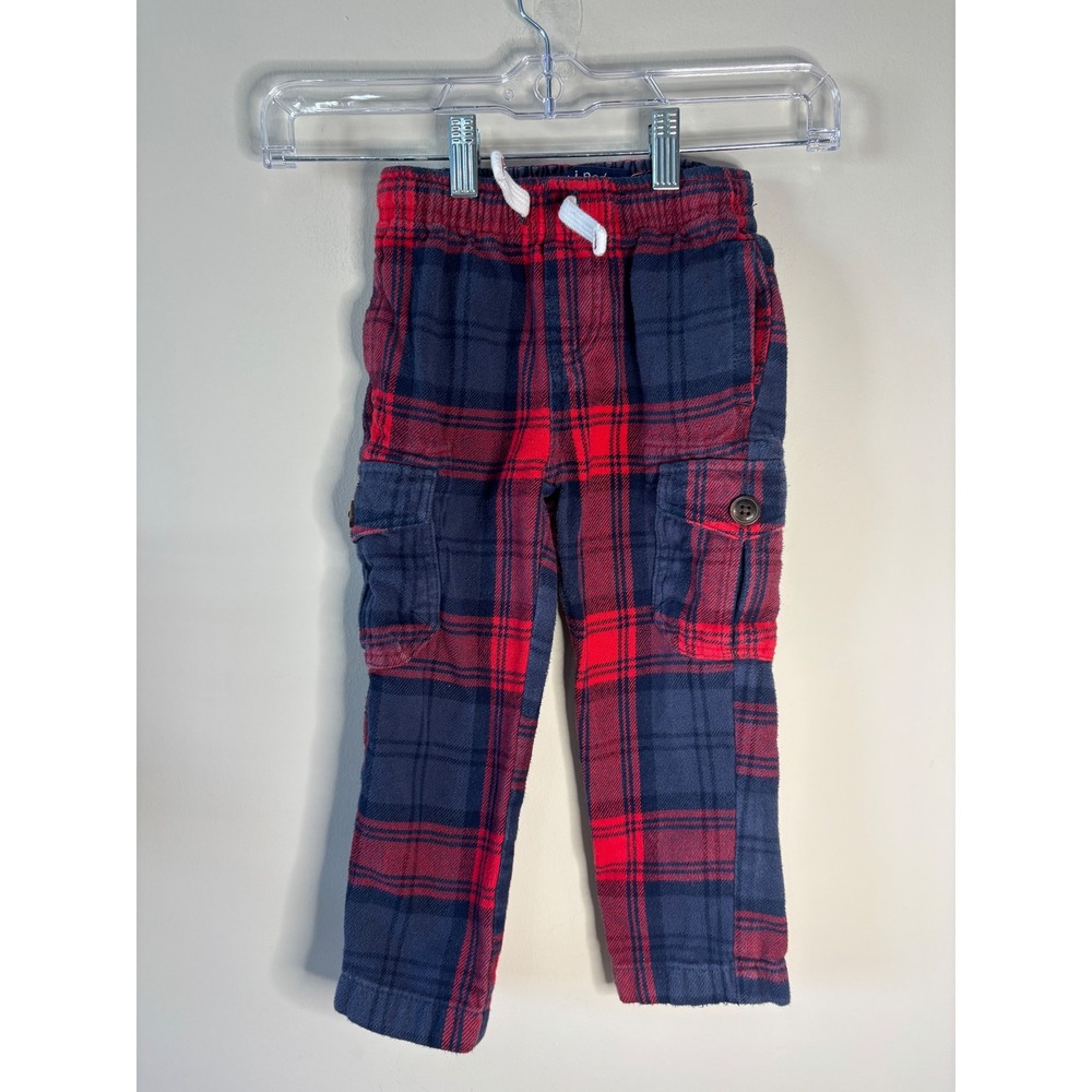 Mini Boden Boys Plaid‎ Fleece Cargo Pants Red Navy Size 3Y